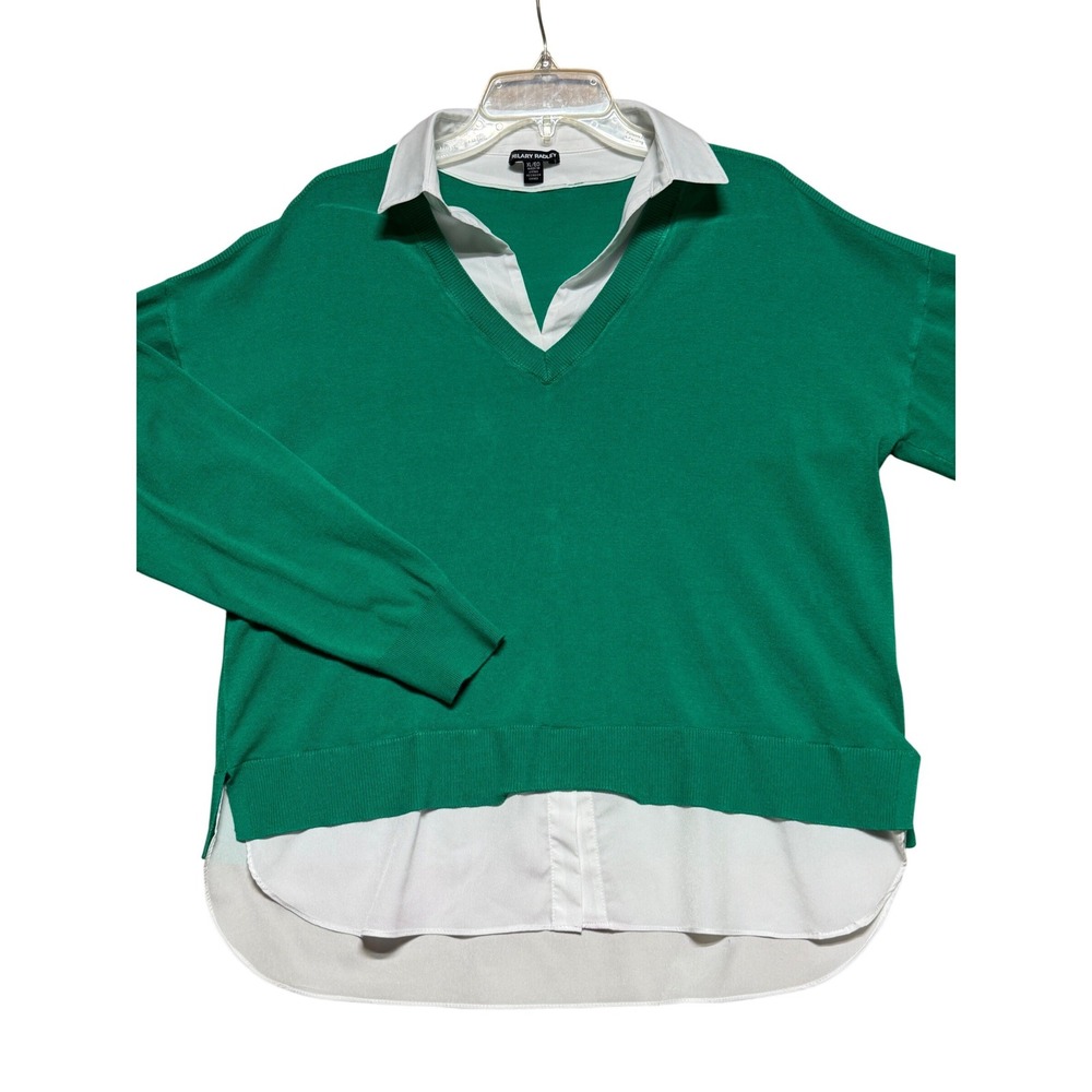 Hilary Radley Green Layered V-Neck Sweater‎ White Collar Mixed Media XL CU11363